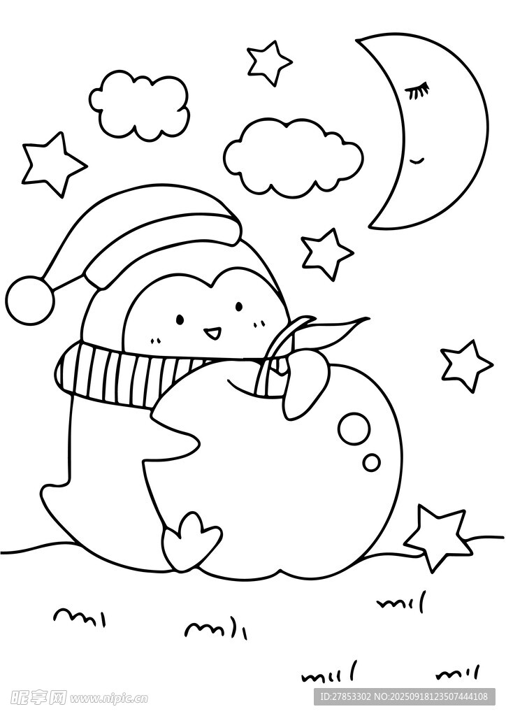 企鵝月夜讀書可愛插畫