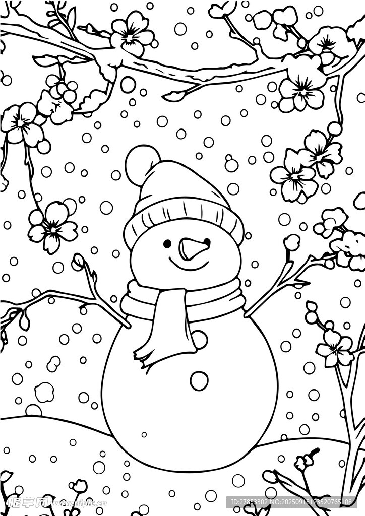 可愛雪人在繁花樹枝下手抄報