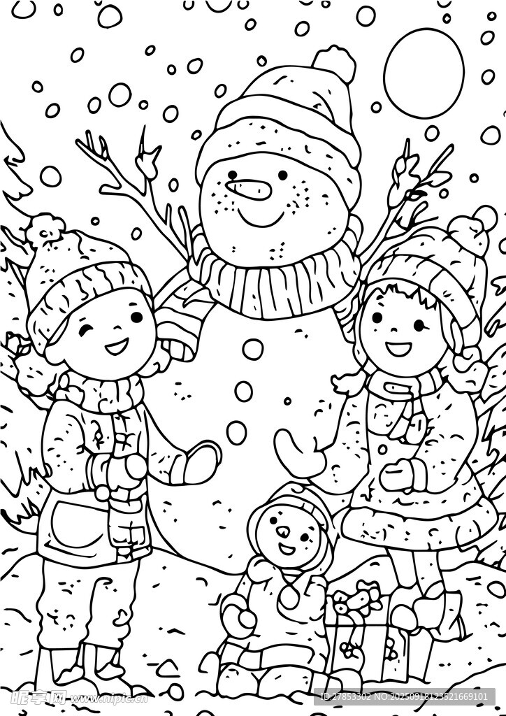 兒童與雪人歡樂冬日場景手抄報