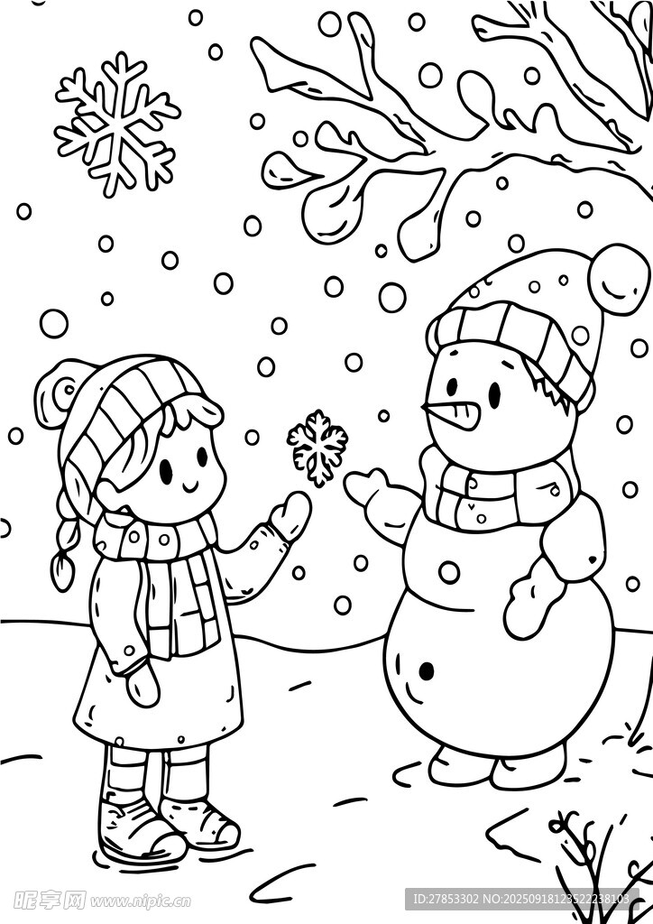 女孩與雪人互動簡筆畫手抄報