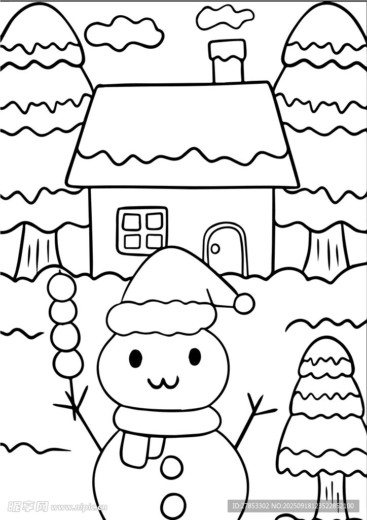 冬日雪人小屋黑白簡筆畫手抄報
