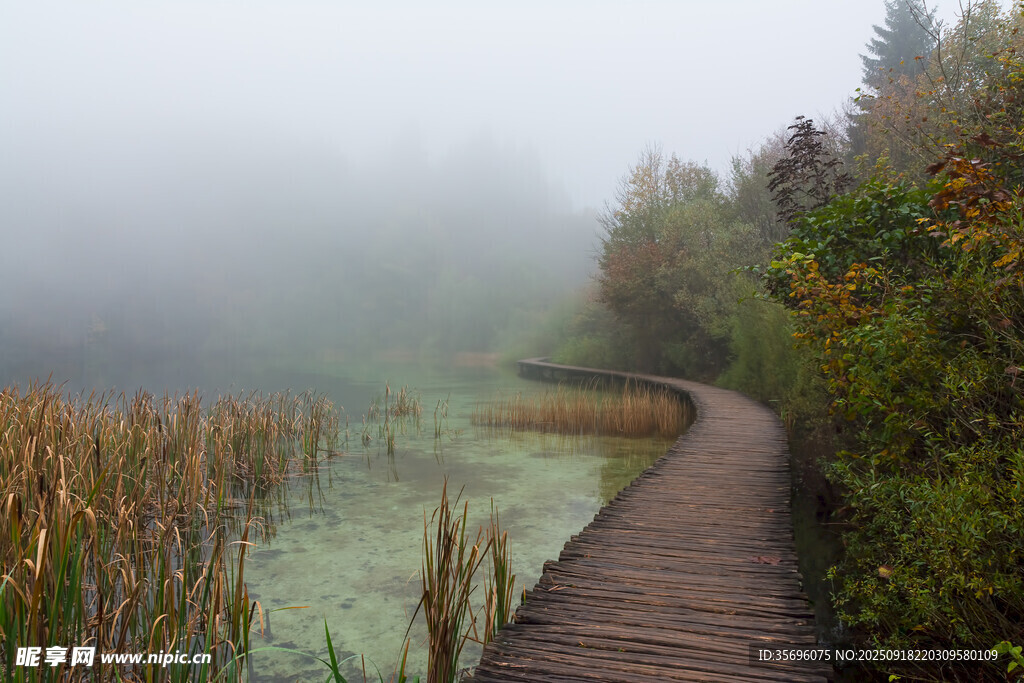 霧中湖畔木棧道美景