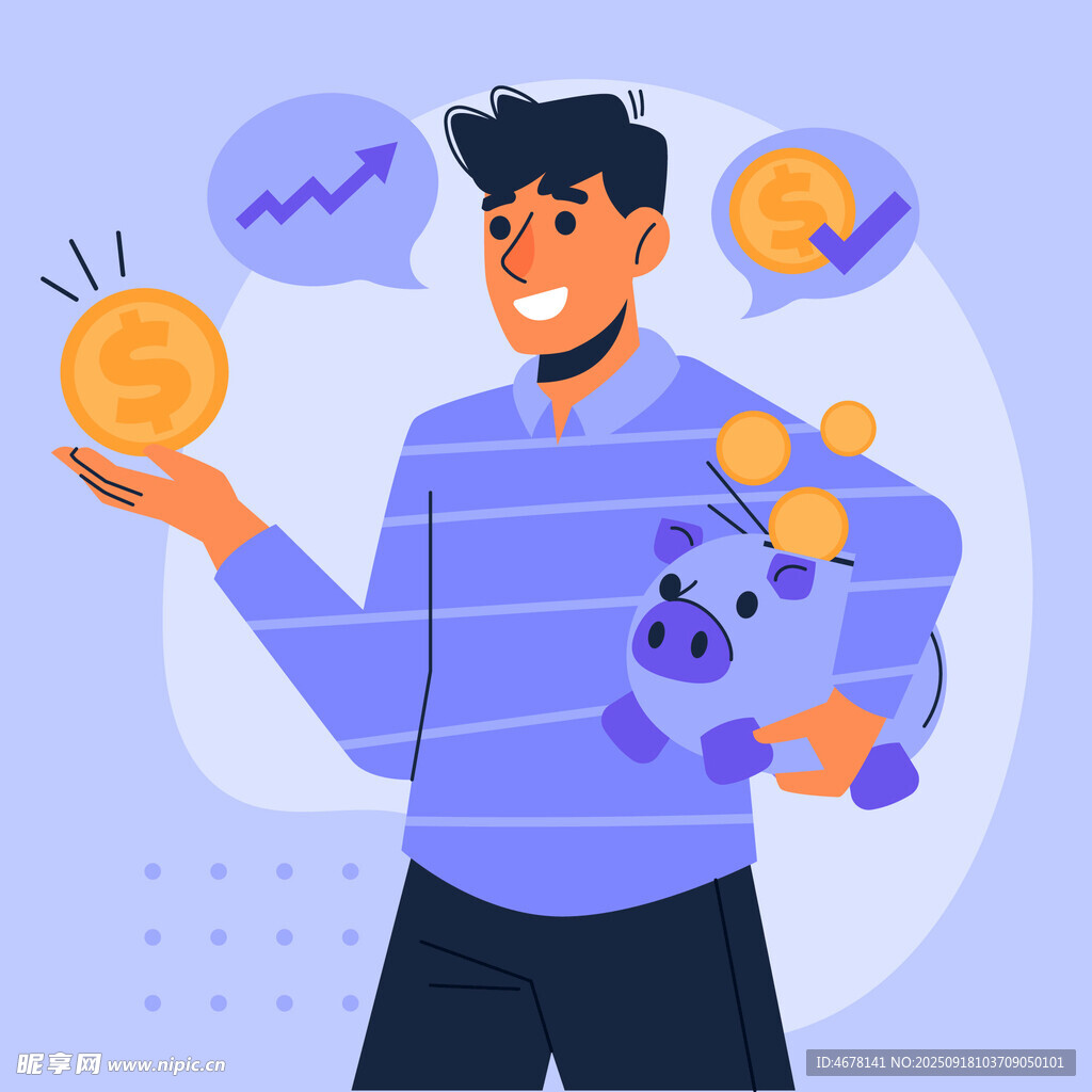 男子手持金幣與存錢罐