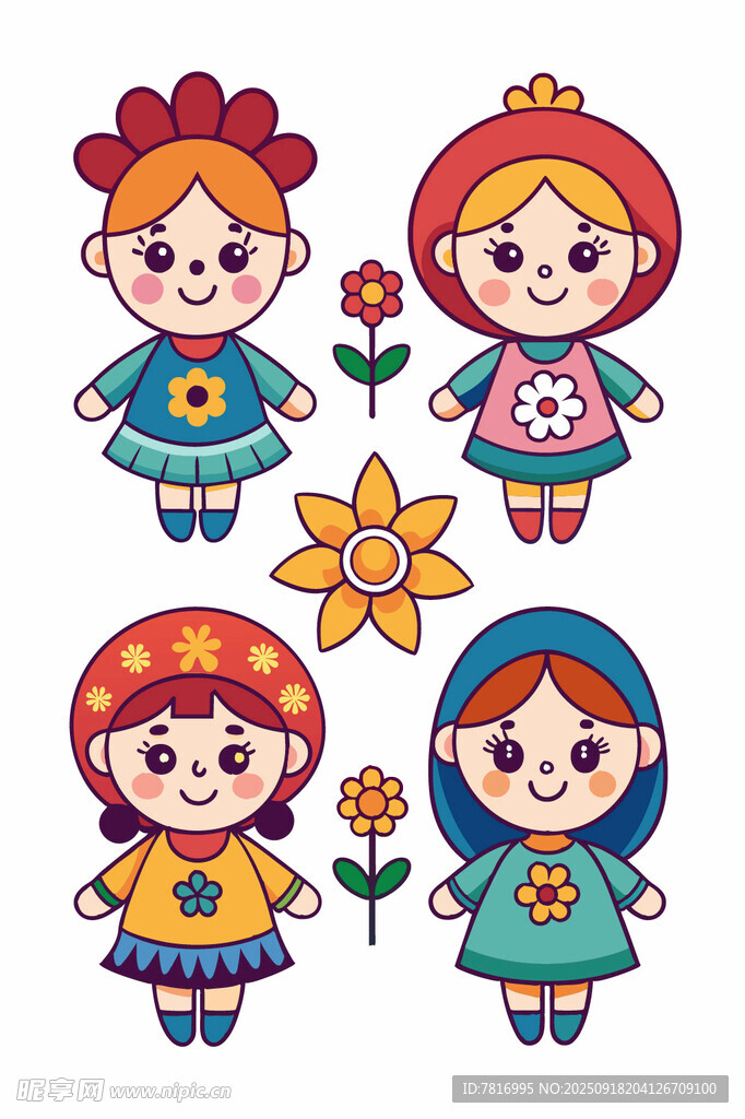可愛卡通女孩與花朵形象