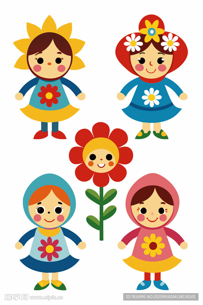 可愛兒童與花朵插畫
