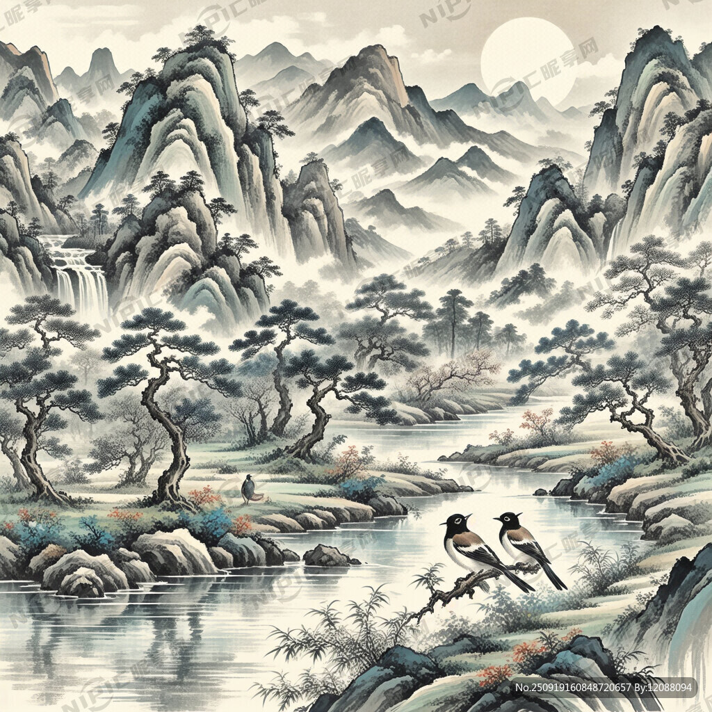 畫面風(fēng)格為中國風(fēng)、水墨畫、工筆