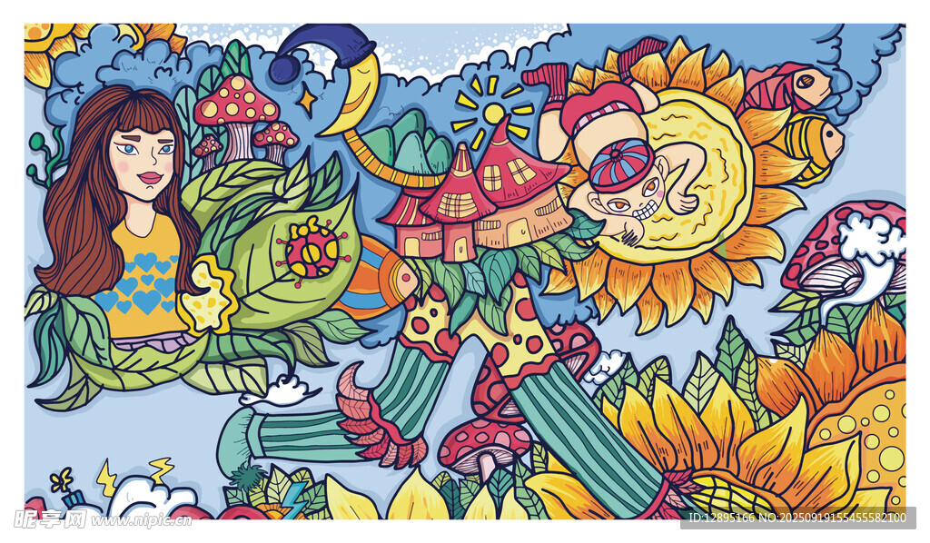 奇幻多彩卡通插畫場景