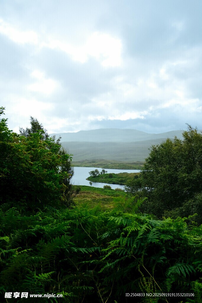 山間綠野湖泊風景圖