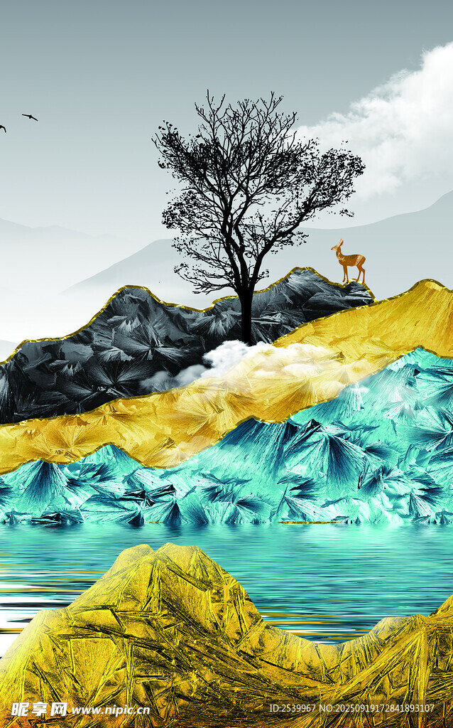 壁畫 掛畫 風(fēng)景 小鹿 山林 