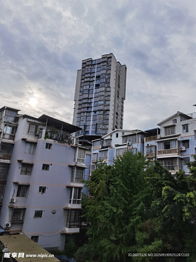城市高低建筑與綠樹景觀