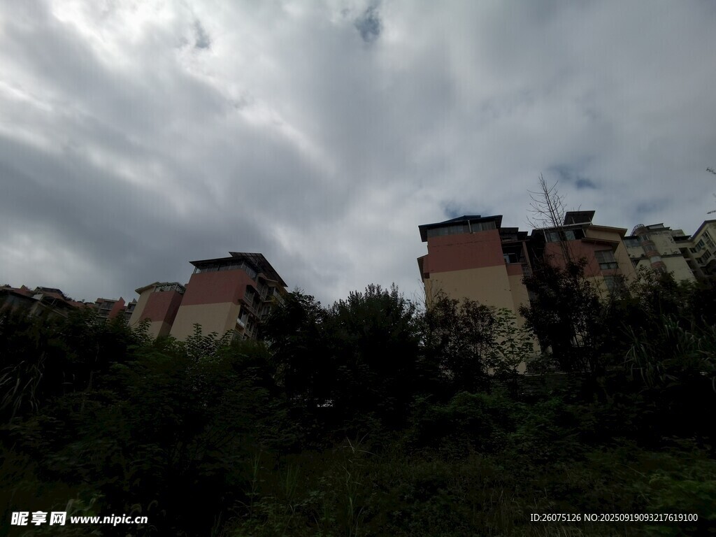 陰云下的建筑與綠植景觀
