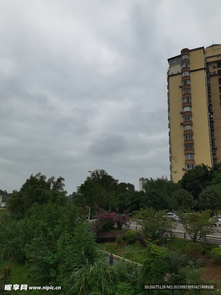 高樓旁綠意盎然的景致