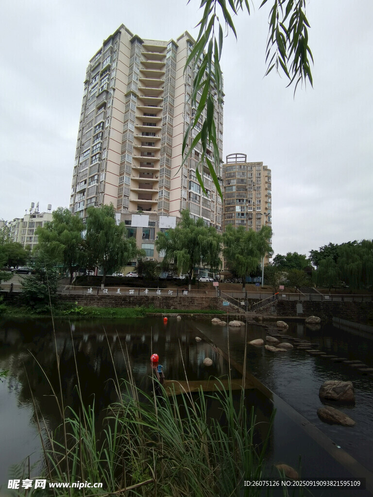 湖畔高樓與綠植景觀