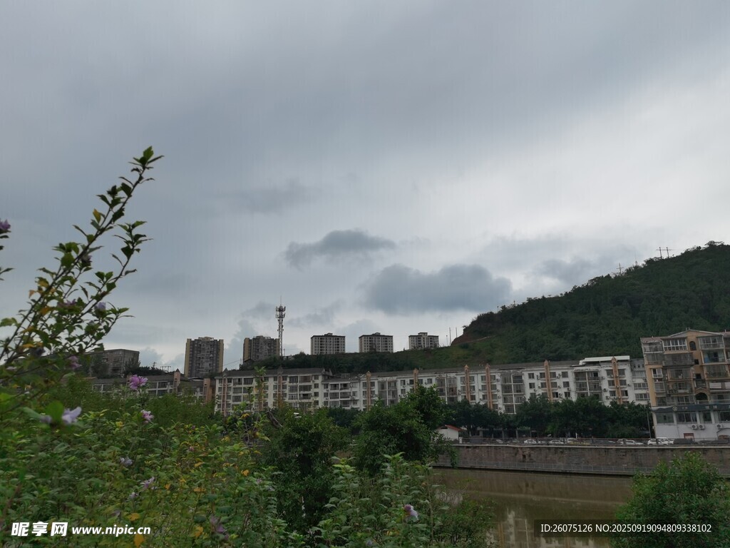 陰天城市遠(yuǎn)景與綠植景觀