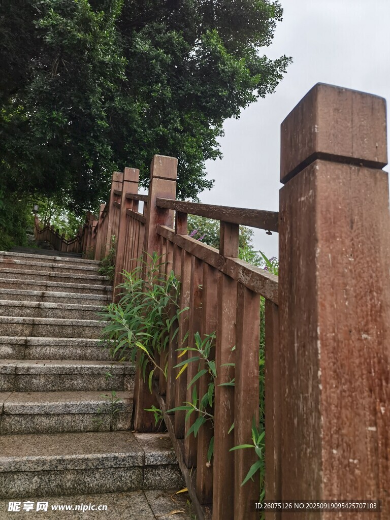 木質(zhì)欄桿旁的石階小路