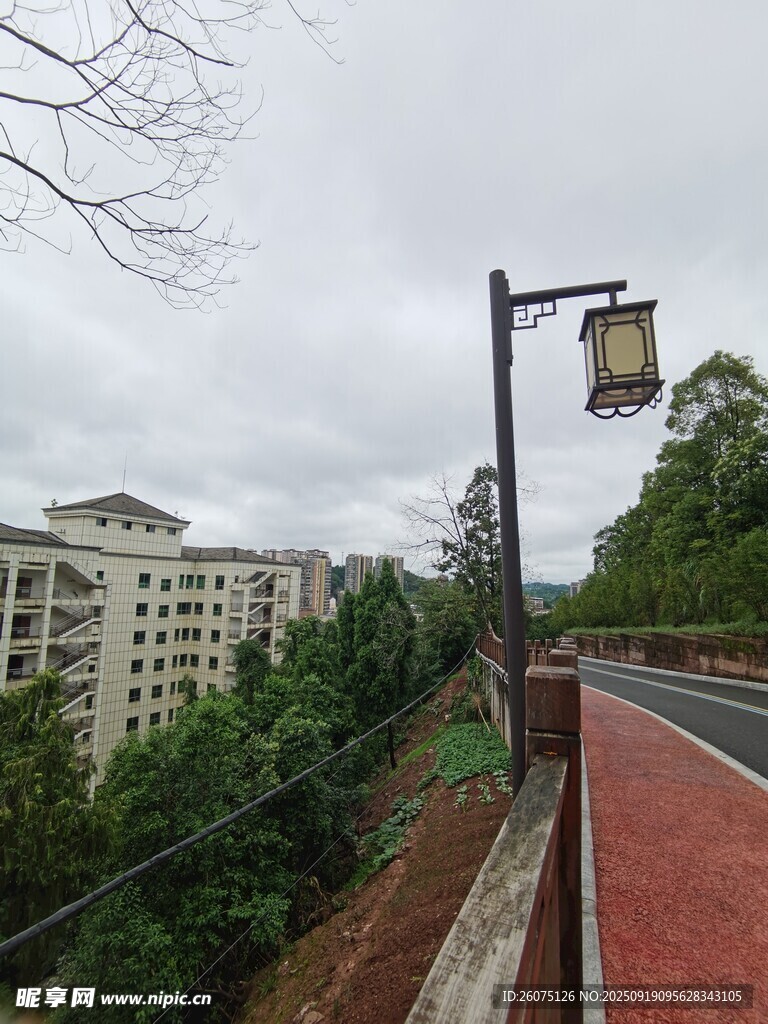 城市道路旁的景觀路燈