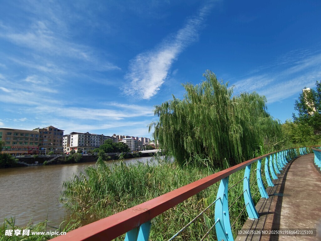 河畔風景綠植與欄桿相伴