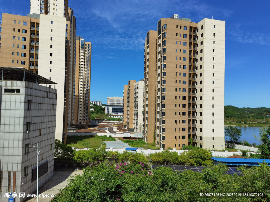 城市高樓景觀與綠植水域