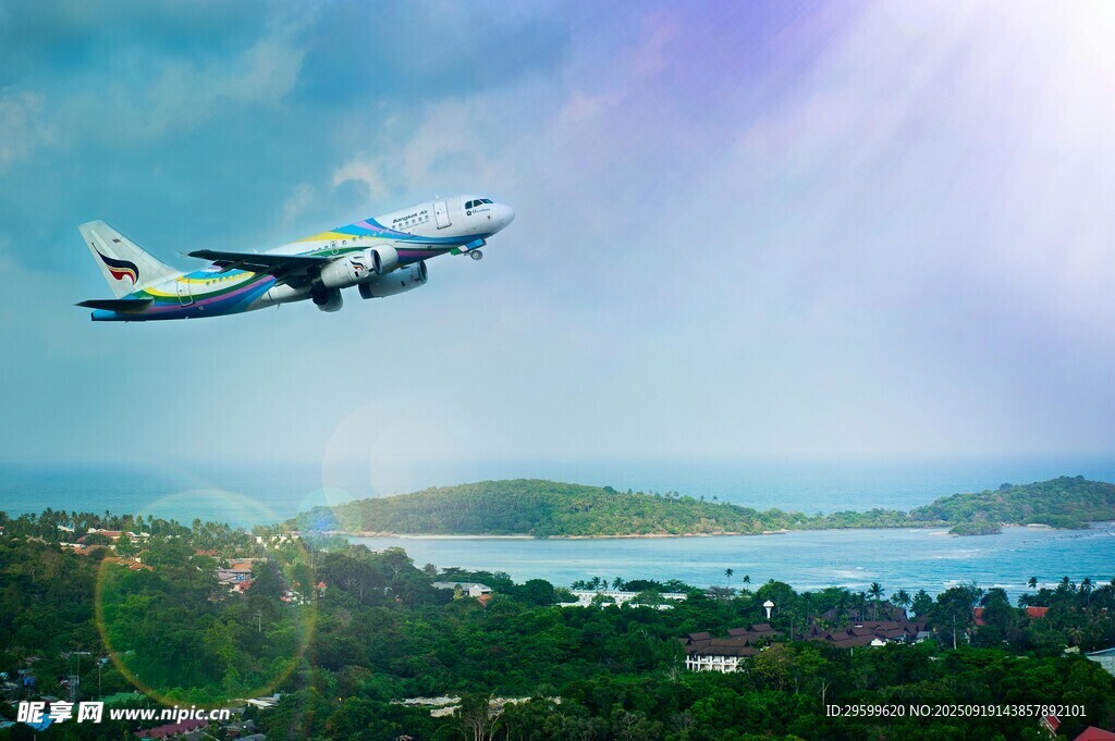 飛機飛越美麗海濱風景