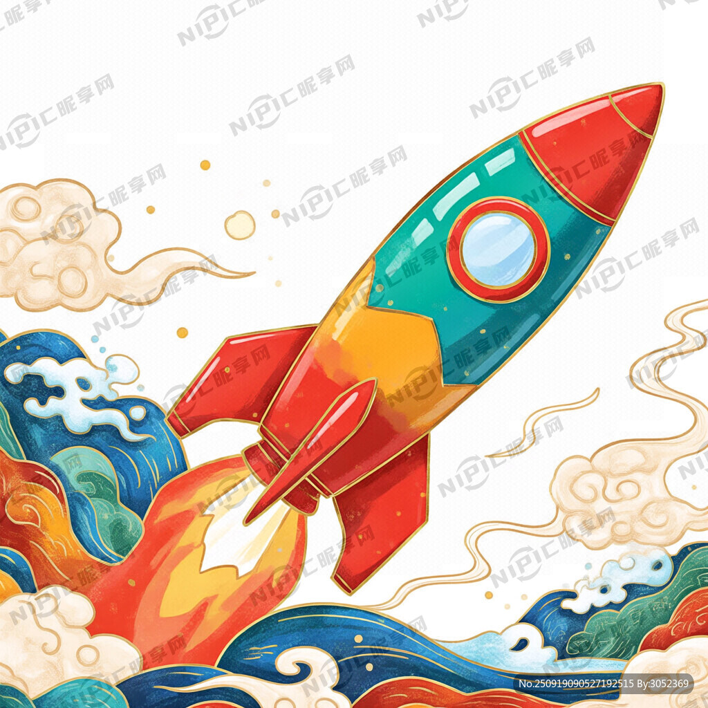 手繪國(guó)潮風(fēng)格海上 火箭  