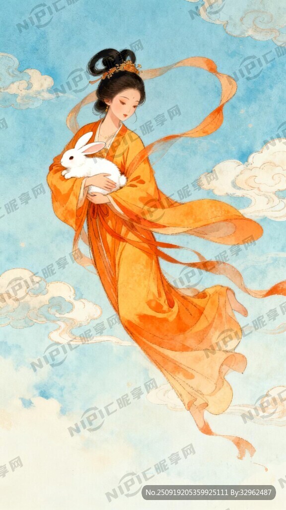嫦娥穿橘黃色古裝抱著兔子