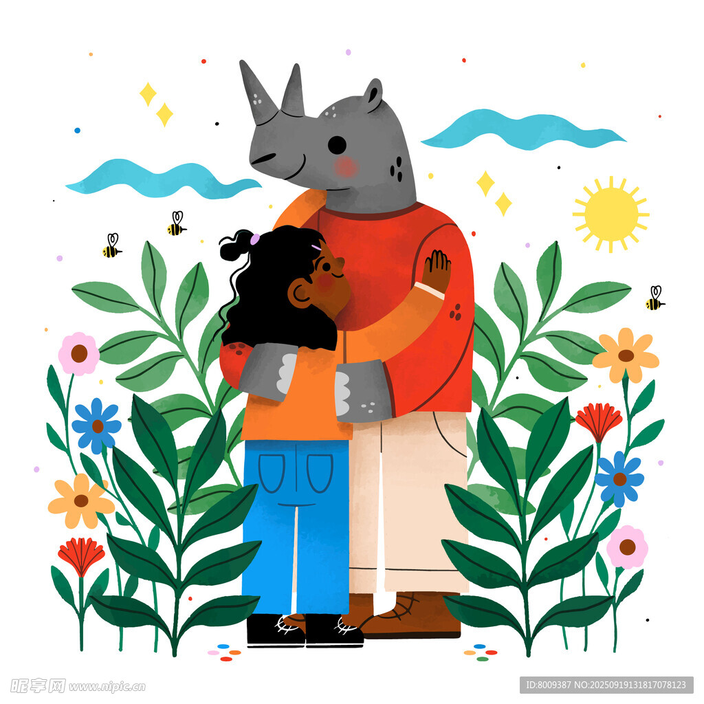 犀牛與人類溫馨擁抱插畫