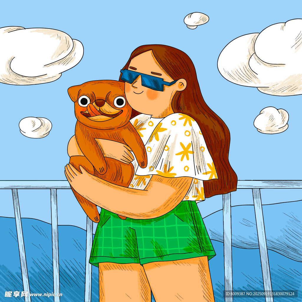 女孩懷抱小狗在戶外賞景
