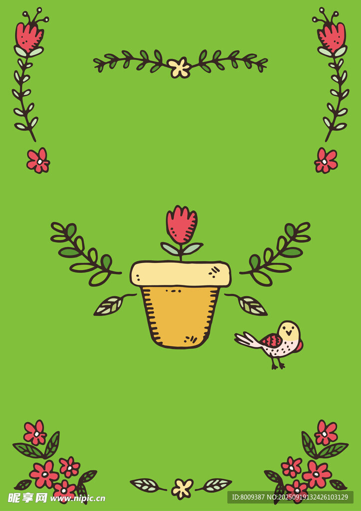 綠色背景的花卉小鳥插畫