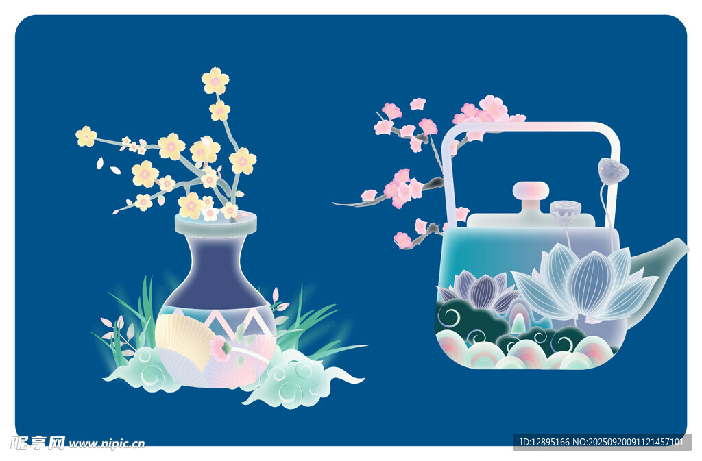 清新茶具花卉插畫圖案