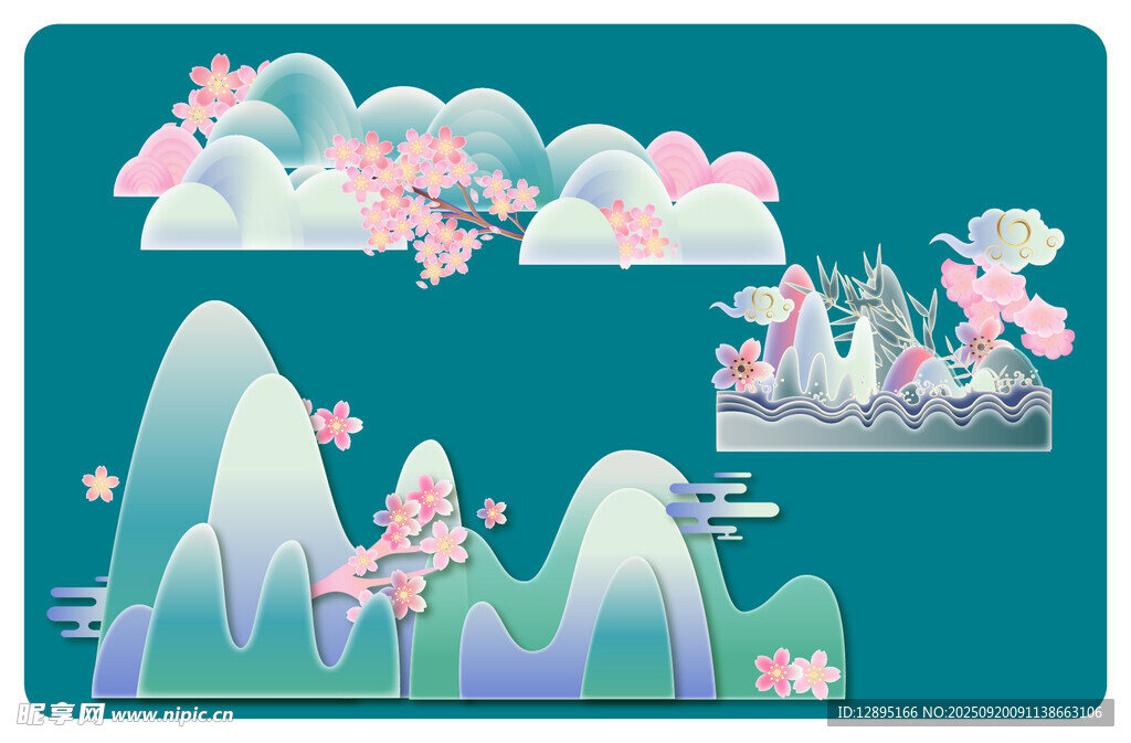 夢(mèng)幻山水花卉插畫場(chǎng)景