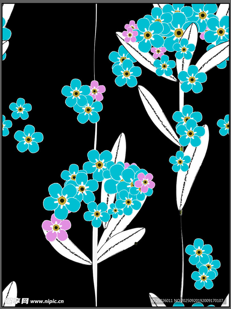 藍粉花卉黑色背景圖案