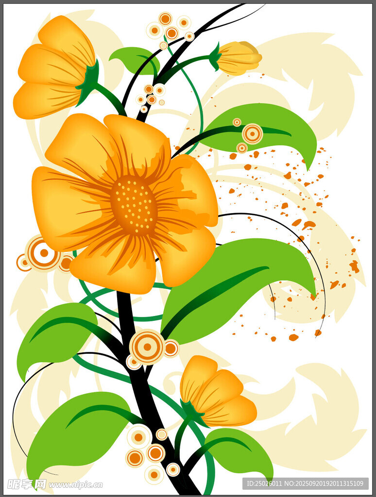 黃色花卉枝葉插畫圖案