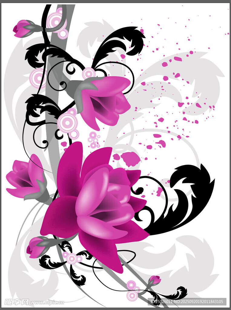 夢(mèng)幻紫花與黑色藤蔓圖案