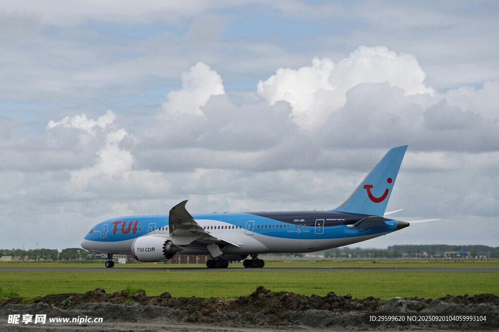 藍尾飛機停于開闊草地