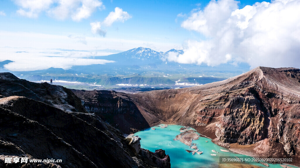 壯麗火山湖與遠(yuǎn)處雪山景觀