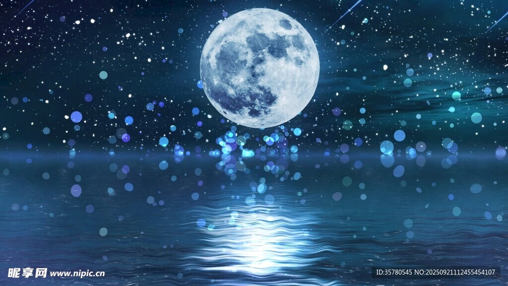 夢(mèng)幻月夜湖面星空美景