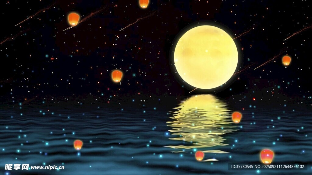 月夜湖面飄滿許愿孔明燈