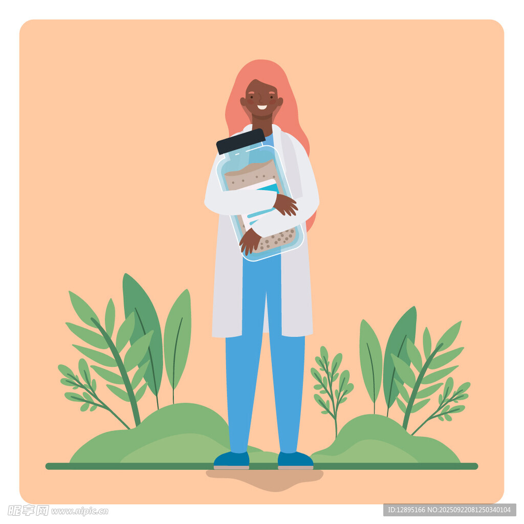 女科學(xué)家手持資料站在綠植旁