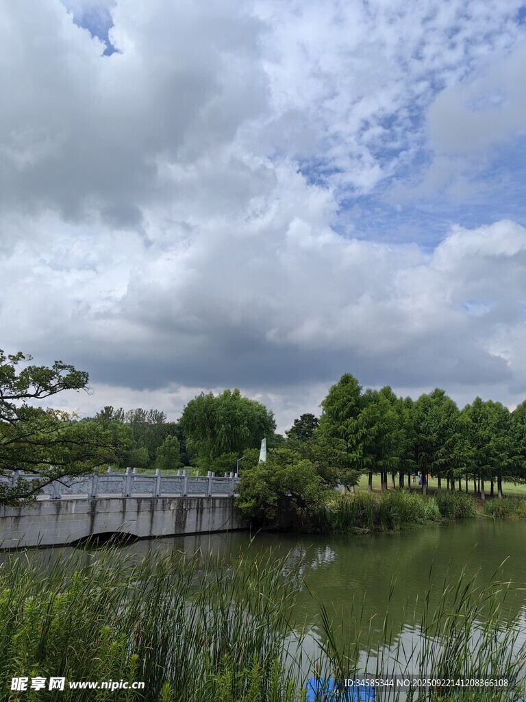 湖畔風光綠樹藍天映碧水