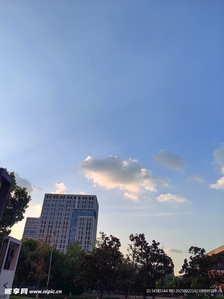 城市藍(lán)天綠樹中的高樓