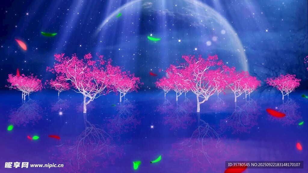 夢幻星空下的粉色花樹