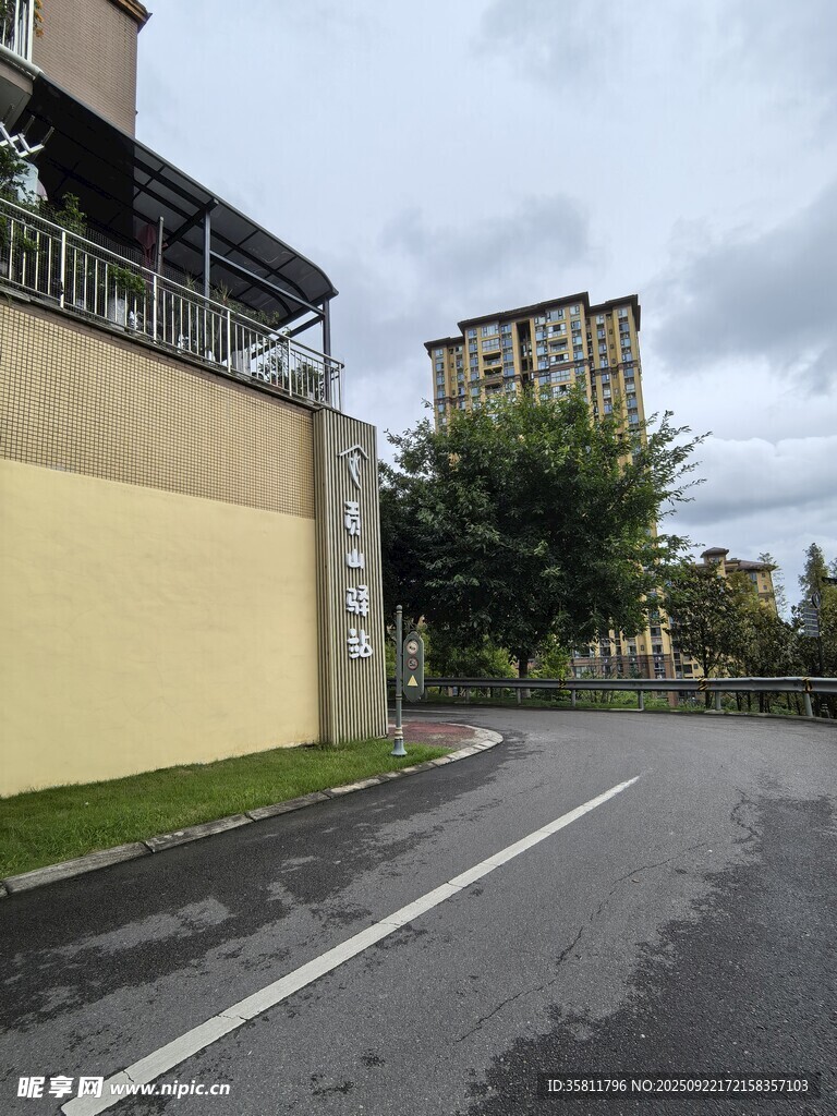 城郊道路旁的建筑與綠植