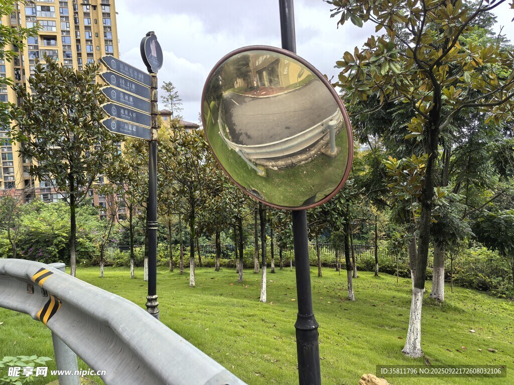 公園中的道路廣角凸面鏡