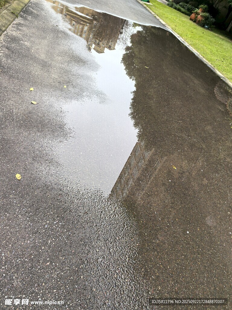 雨后路面水洼中的建筑倒影