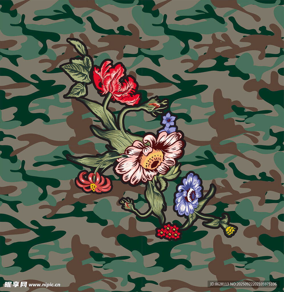 迷彩背景上的多彩花卉圖案