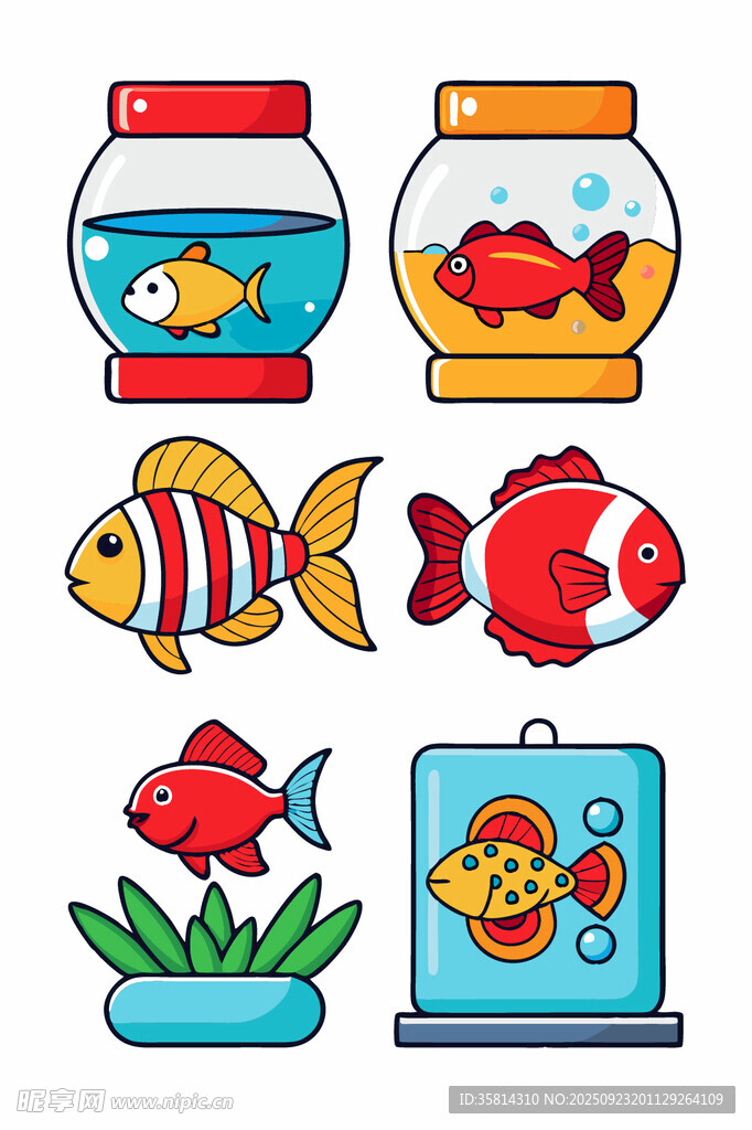 可愛魚類與魚缸插畫