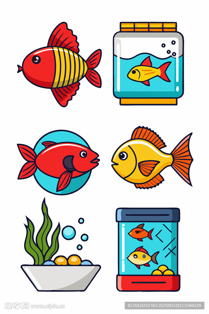 可愛卡通魚類與魚缸圖案
