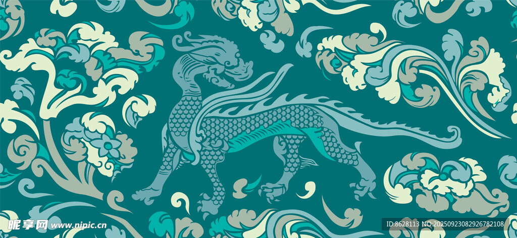 藍(lán)綠色調(diào)花卉植物圖案