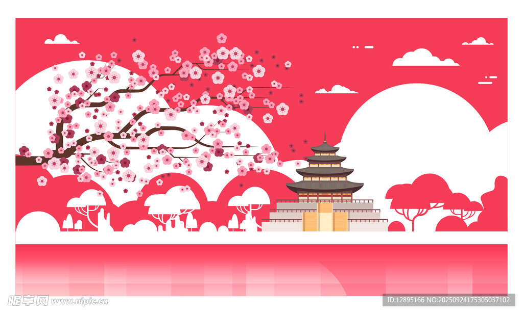 中式風(fēng)景剪紙風(fēng)紅色插畫