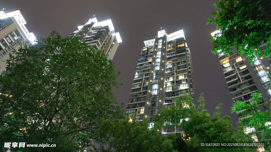 都市夜景中的高樓與綠植